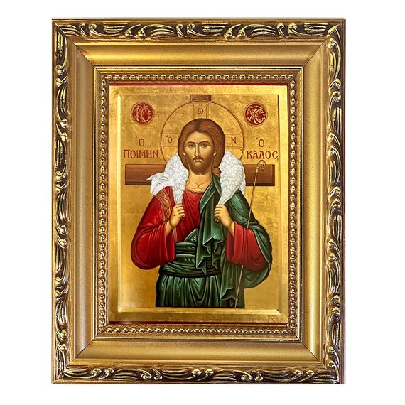 CHRIST THE GOOD SHEPHERD - FRAMED GREEK ICON 5 ¾” x 7 ¼"