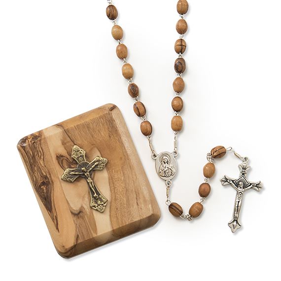 OLIVE WOOD ROSARY WITH BOX