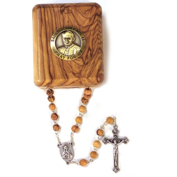 SAINT JOHN PAUL II - OLIVE WOOD ROSARY AND BOX