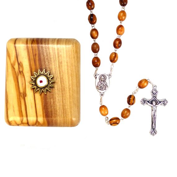 OLIVE WOOD ROSARY AND BOX WITH BETHLEHEM STAR