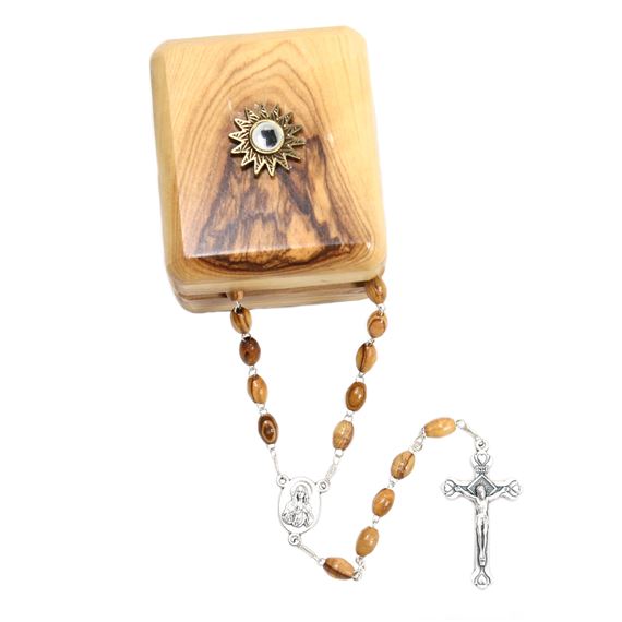 OLIVE WOOD ROSARY AND BOX WITH CLOTH TOUCHED TO JESUS' TOMB