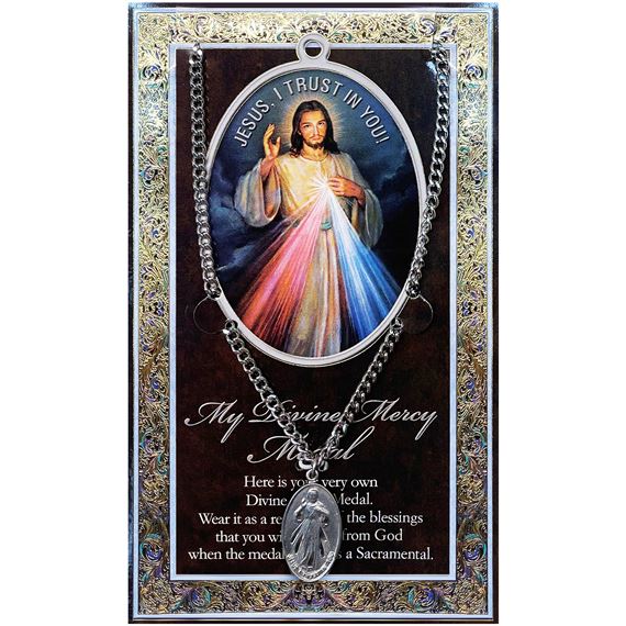 DIVINE MERCY HAND ENGRAVED PEWTER MEDAL ON 24” CHAIN – WITH PAMPHLET