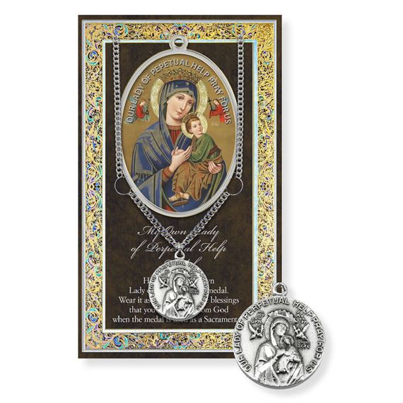 OUR LADY OF PERPETUAL HELP PEWTER MEDAL ON 18" CHAIN WITH CARD
