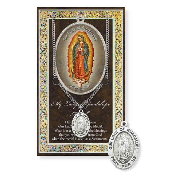 OUR LADY OF GUADALUPE HAND ENGRAVED PEWTER MEDAL ON 18” CHAIN – WITH PAMPHLET