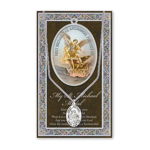 ST. MICHAEL HAND ENGRAVED PEWTER MEDAL ON 24” CHAIN – WITH PAMPHLET