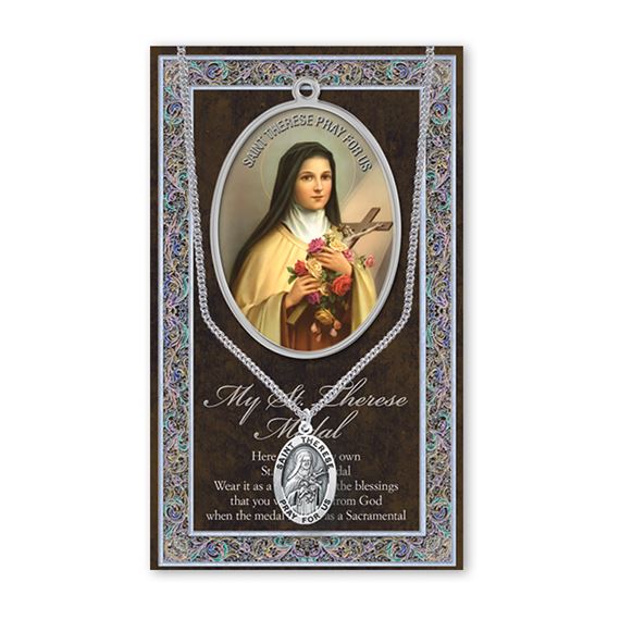 ST. THERESE HAND ENGRAVED PEWTER MEDAL ON 18” CHAIN – WITH PAMPHLET