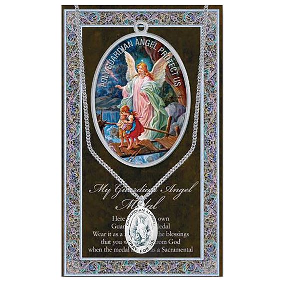 GUARDIAN ANGEL HAND ENGRAVED PEWTER MEDAL ON 24” CHAIN – WITH PAMPHLET