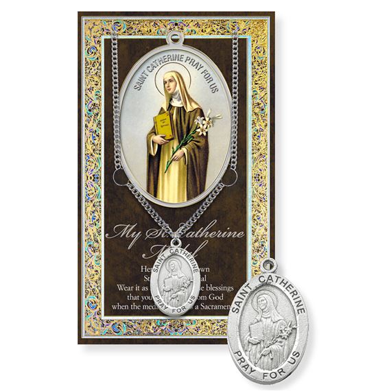 ST. CATHERINE OF SIENA HAND ENGRAVED PEWTER MEDAL ON 18” CHAIN – WITH PAMPHLET