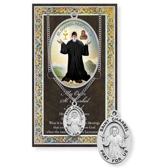 ST. CHARBEL HAND ENGRAVED PEWTER MEDAL ON 24” CHAIN – WITH PAMPHLET