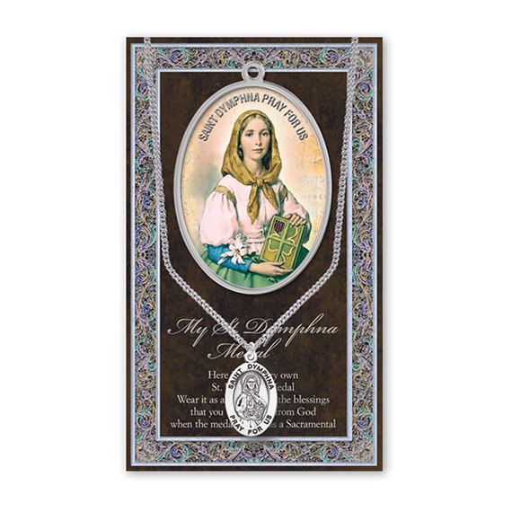 ST. DYMPHNA HAND ENGRAVED PEWTER MEDAL ON 18” CHAIN – WITH PAMPHLET
