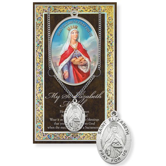ST. ELIZABETH OF HUNGARY PEWTER MEDAL ON 18" CHAIN WITH CARD