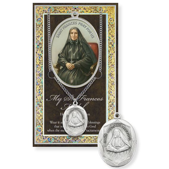 ST. FRANCES CABRINI HAND ENGRAVED PEWTER MEDAL ON 18” CHAIN – WITH PAMPHLET