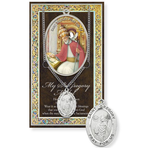 ST. GREGORY HAND ENGRAVED PEWTER MEDAL ON 24” CHAIN – WITH PAMPHLET