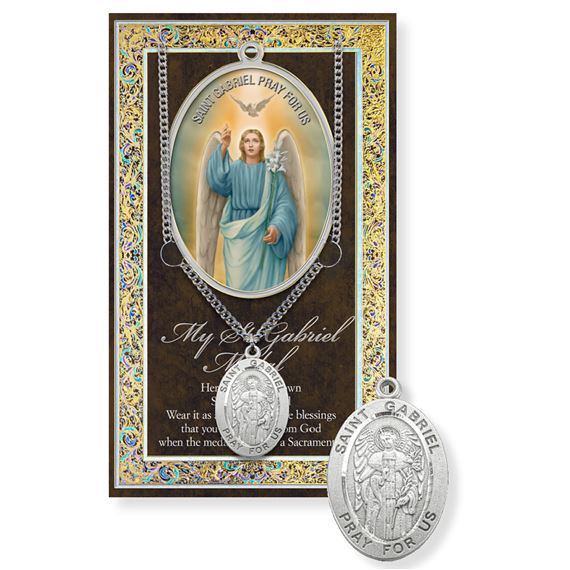 ST. GABRIEL HAND ENGRAVED PEWTER MEDAL ON 24” CHAIN – WITH PAMPHLET