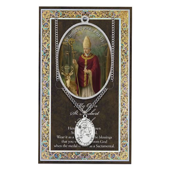 ST. HUBERT HAND ENGRAVED PEWTER MEDAL ON 24” CHAIN – WITH PAMPHLET