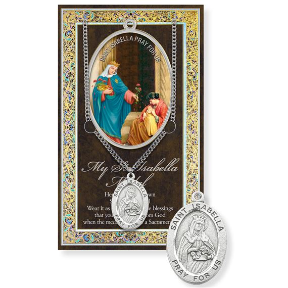 ST. ISABELLA (ST. ELIZABETH OF PORTUGAL) HAND ENGRAVED PEWTER MEDAL ON 18” CHAIN – WITH PAMPHLET