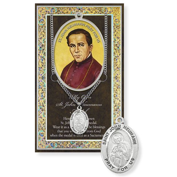 ST. JOHN NEUMAN PEWTER MEDAL ON 24" CHAIN WITH CARD