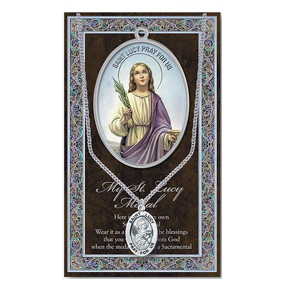 ST. LUCY HAND ENGRAVED PEWTER MEDAL ON 18” CHAIN – WITH PAMPHLET