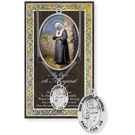 ST. MARGARET OF CASTELLO HAND ENGRAVED PEWTER MEDAL ON 18” CHAIN – WITH PAMPHLET