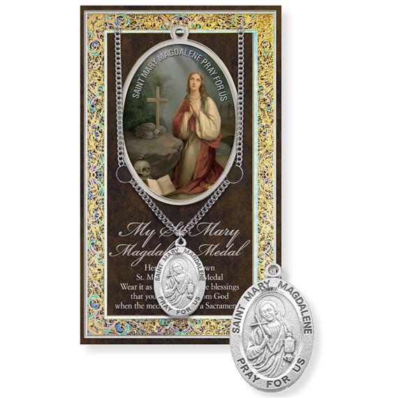 ST. MARY MAGDALENE HAND ENGRAVED PEWTER MEDAL ON 18” CHAIN – WITH PAMPHLET