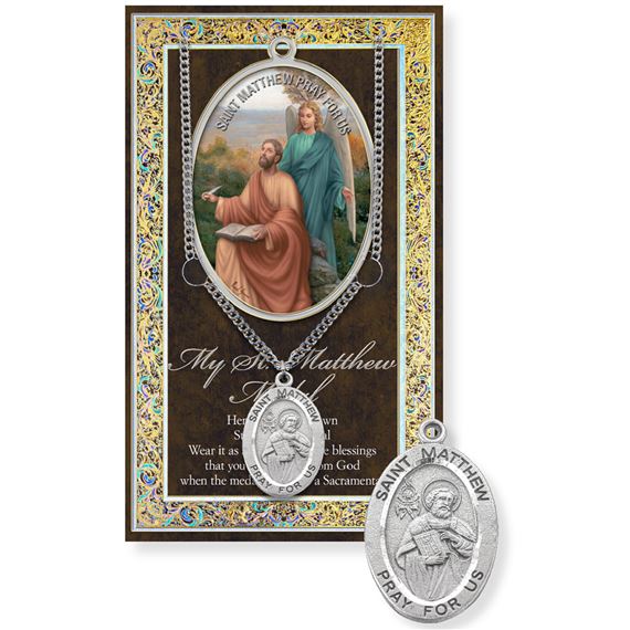 ST. MATTHEW PEWTER MEDAL ON 24" CHAIN WITH CARD