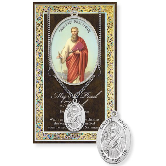 ST. PAUL PEWTER MEDAL ON 24" CHAIN WITH CARD