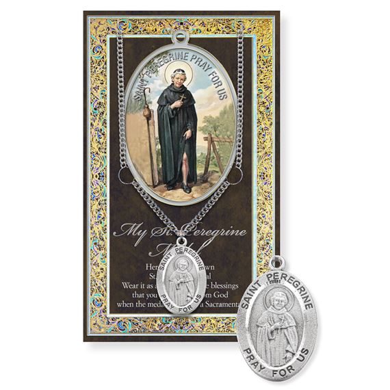 ST. PEREGRINE HAND ENGRAVED PEWTER MEDAL ON 24” CHAIN – WITH PAMPHLET