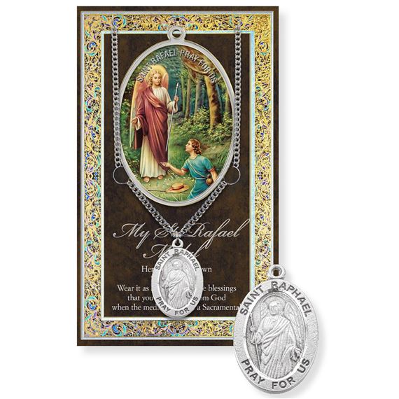 ST. RAPHAEL HAND ENGRAVED PEWTER MEDAL ON 24” CHAIN – WITH PAMPHLET
