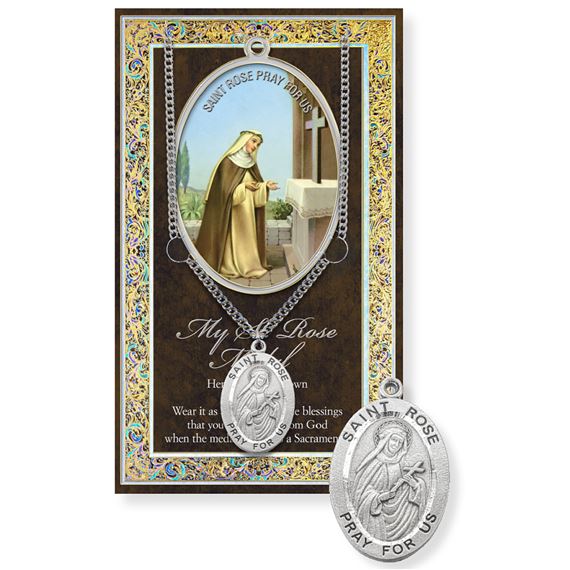 ST. ROSE PEWTER MEDAL ON 18" CHAIN WITH CARD