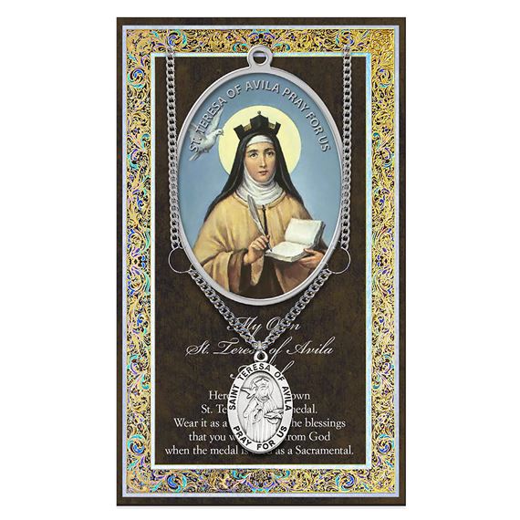 ST. TERESA OF AVILA HAND ENGRAVED PEWTER MEDAL ON 18” CHAIN – WITH PAMPHLET