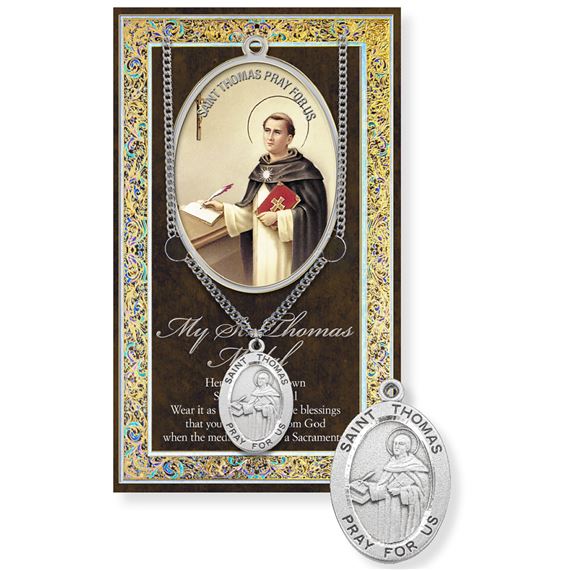 ST. THOMAS AQUINAS HAND ENGRAVED PEWTER MEDAL ON 24” CHAIN – WITH PAMPHLET
