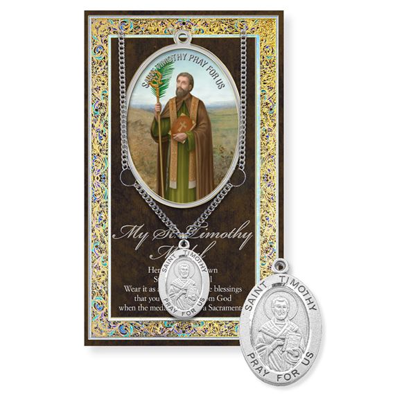 ST. TIMOTHY PEWTER MEDAL ON 24" CHAIN WITH CARD