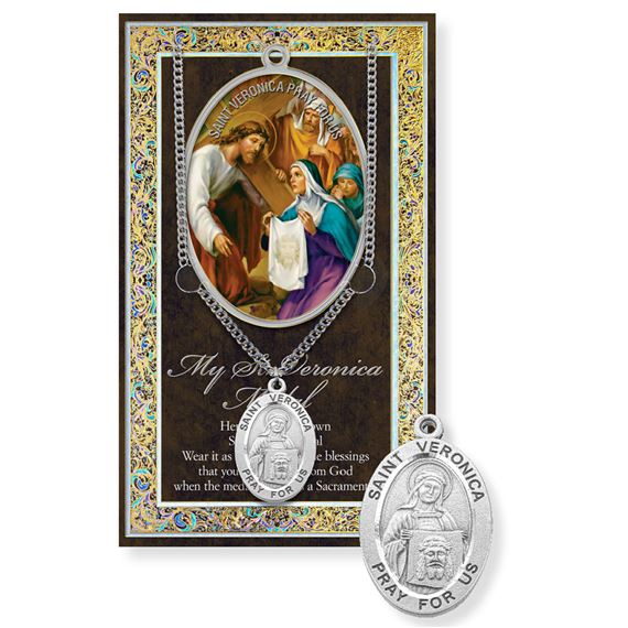 ST. VERONICA HAND ENGRAVED PEWTER MEDAL ON 18” CHAIN – WITH PAMPHLET