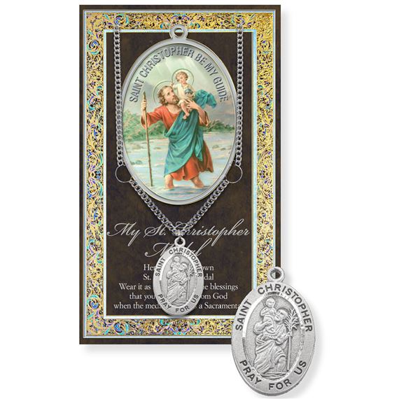 ST. CHRISTOPHER PEWTER HAND ENGRAVED PEWTER MEDAL ON 24” CHAIN – WITH PAMPHLET