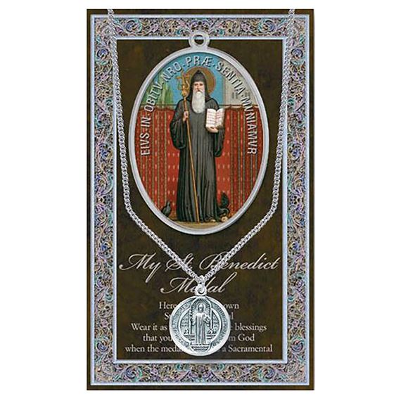 ST. BENEDICT HAND ENGRAVED PEWTER MEDAL ON 24” CHAIN – WITH PAMPHLET