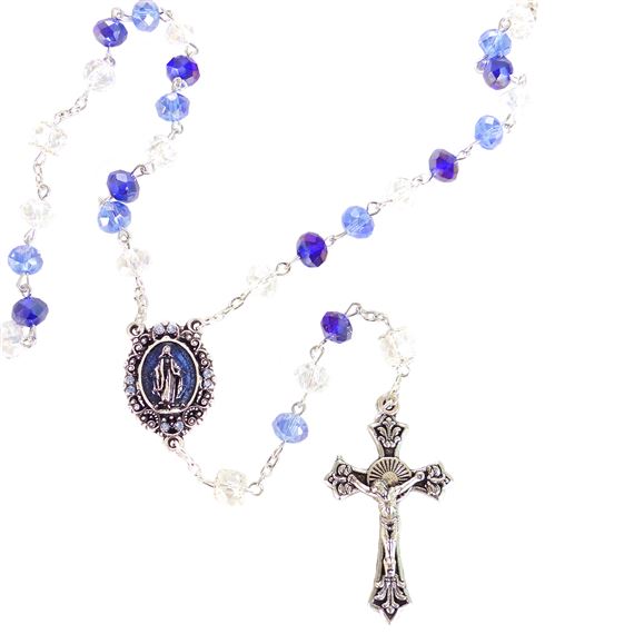 MULTI BLUE CRYSTAL ROSARY WITH ENAMELED CENTER