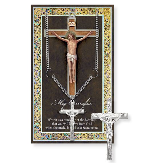 CRUCIFIX HAND ENGRAVED PEWTER MEDAL ON 24” CHAIN – WITH PAMPHLET