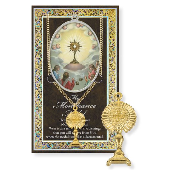 GOLD PLATED PEWTER MONSTRANCE MEDAL ON 24" CHAIN