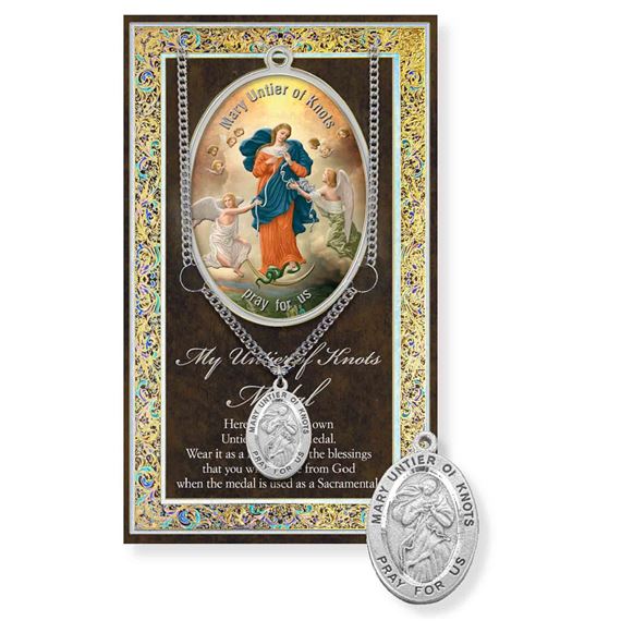 OUR LADY UNTIER OF KNOTS PEWTER MEDAL ON 18" CHAIN WITH CARD