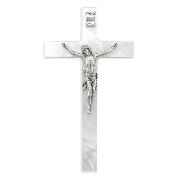 PEARLIZED WHITE CROSS WITH PEWTER CORPUS - 7¼”