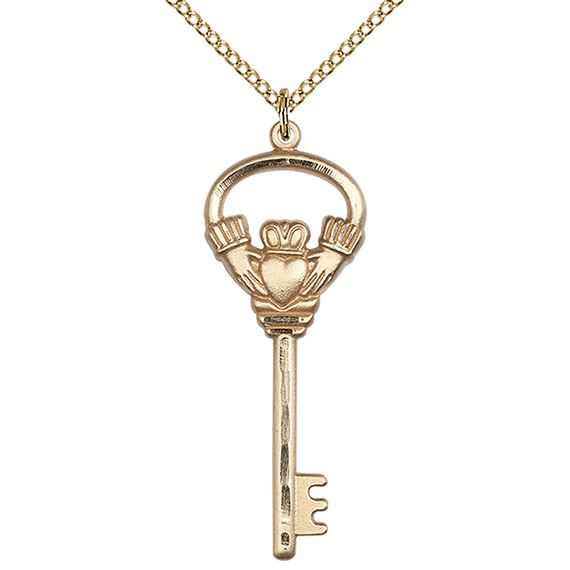 14KT GOLD FILLED KEY W-CLADDAGH PENDANT WITH CHAIN - 1 1/2" x 1/2"
