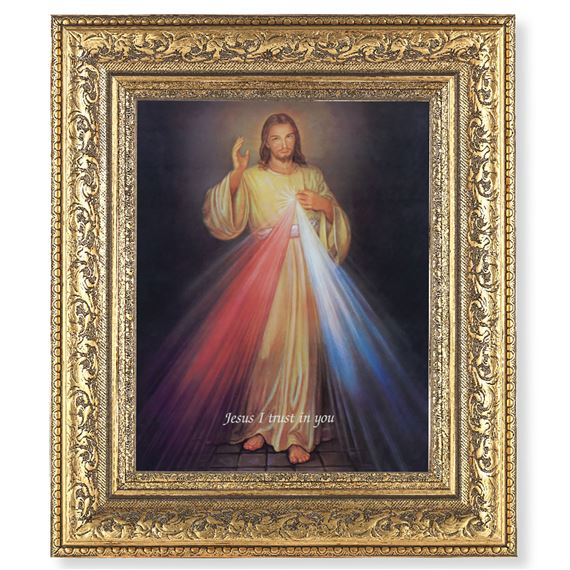 THE DIVINE MERCY IN AN ORNATE GOLD LEAF FRAME (12 1/2" X 14 1/2")