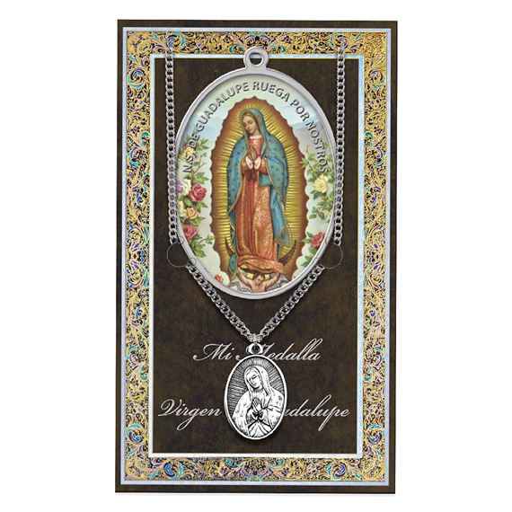 SPANISH OUR LADY OF GUADALUPE HAND ENGRAVED PEWTER MEDAL ON 24” CHAIN – WITH PAMPHLET