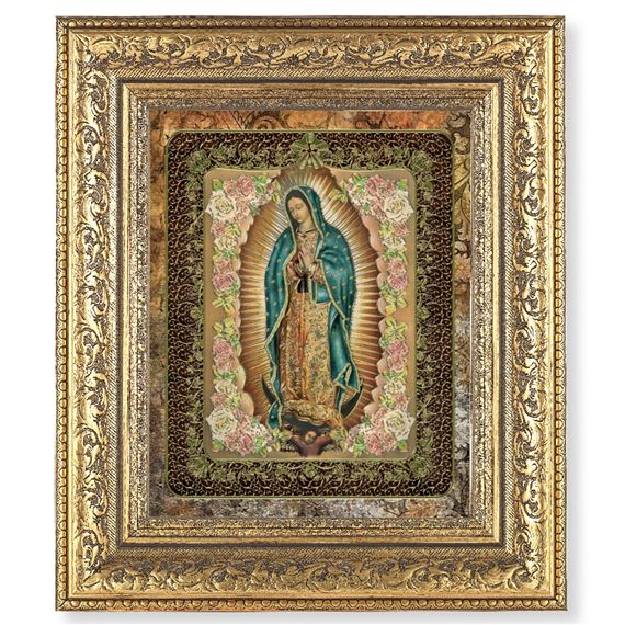 OUR LADY OF GUADALUPE IN AN ORNATE GOLD LEAF FRAME - 12 1/4" X 14 1/2"