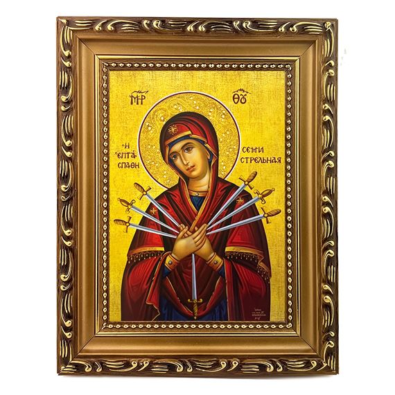 VIRGIN OF THE SEVEN SWORDS - FRAMED GREEK ICON 5 ¾” x 7 ¼"