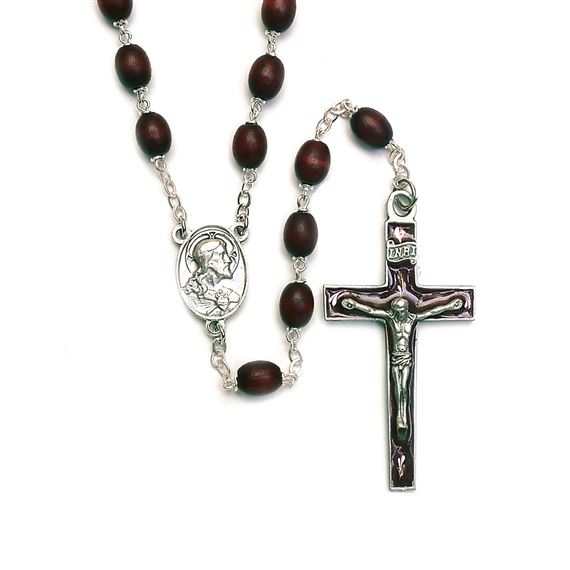 BROWN WOOD BEAD ROSARY WITH ENAMEL CRUCIFIX