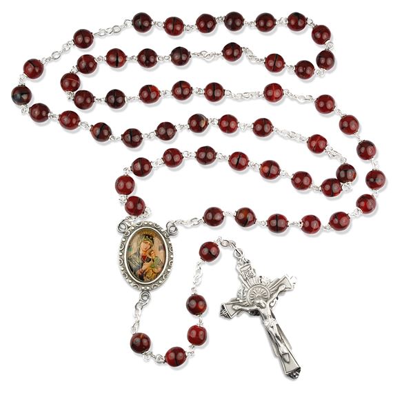 OUR LADY OF PERPETUAL HELP MARBELIZED BURGUNDY GLASS BEAD ROSARY