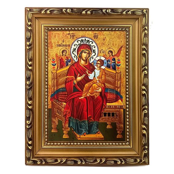 MARY QUEEN OF THE UNIVERSE ENTHRONED - FRAMED GREEK ICON 5 ¾” x 7 ¼"