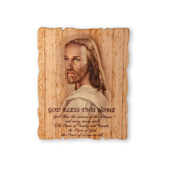 GOD BLESS THIS HOME WOOD WALL PLAQUE - 4 1/4" X 5 1/4"
