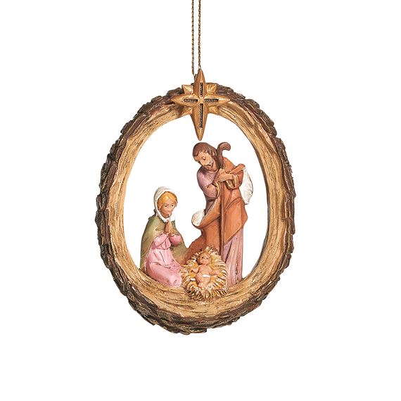 FONTANINI HOLY FAMILY HOLLOW LOG ORNAMENT WITH STAR